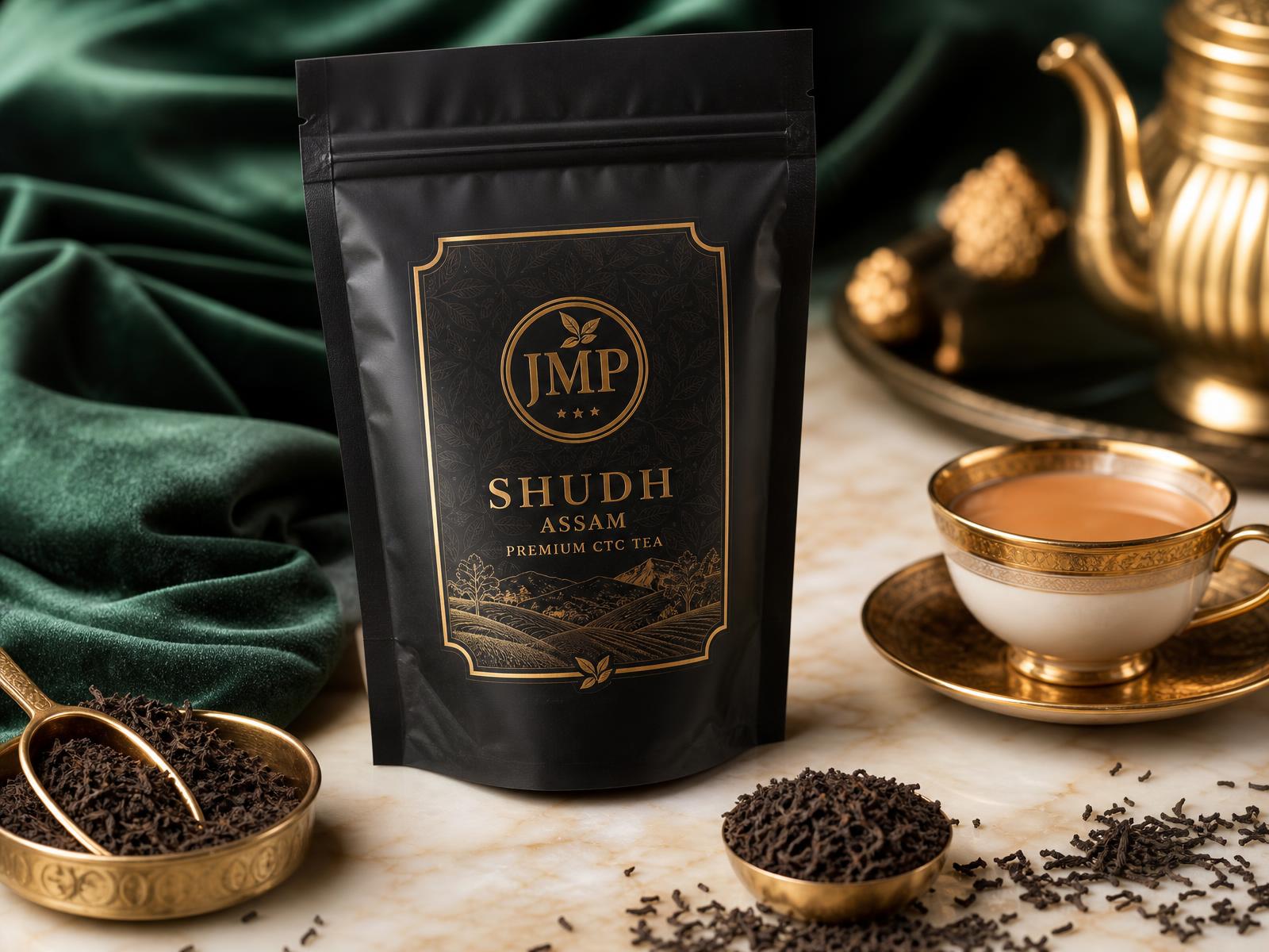 Black JMP SHUDH Assam Premium CTC Tea packet in a luxury flat-lay with gold cups, loose tea leaves, marble and forest green silk